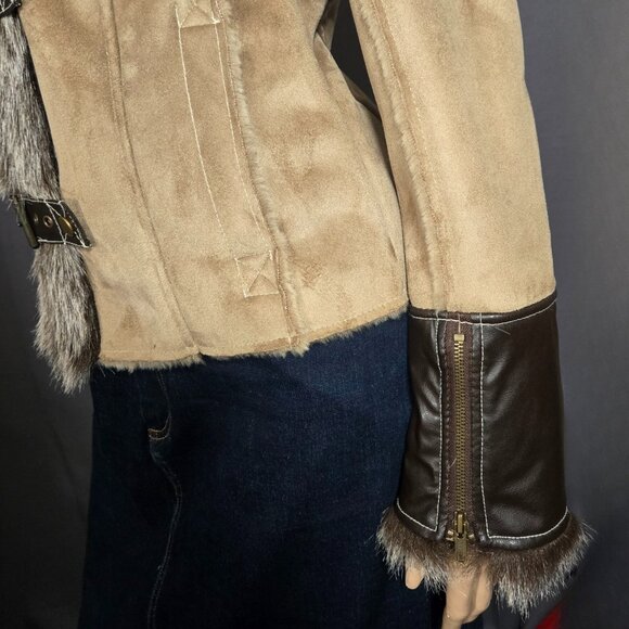 Y2K Beige Faux Fur Faux Suede Coat Jacket size S Faux Leather Buckles Penny Lane - Picture 10 of 16